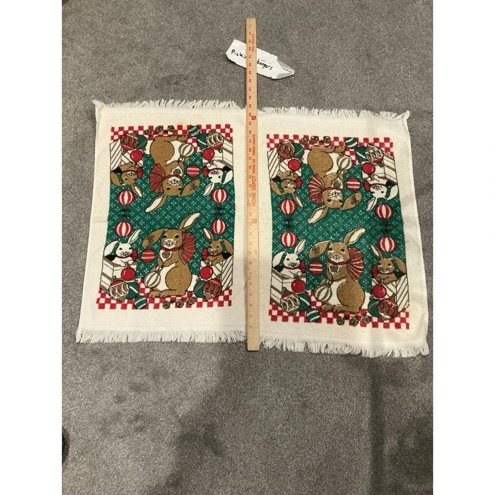 2 Vintage Christmas Bunnies / Ornaments Kitchen Terry Towel /Fringe Made in USA